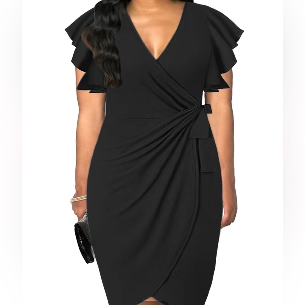 Black Ruffle Sleeve V Neck Wrap Bodycon Dress - Picture 1 of 4